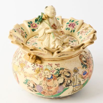 A Japanese Satsuma 'Figures' Lotus Mouth Lidded Jar