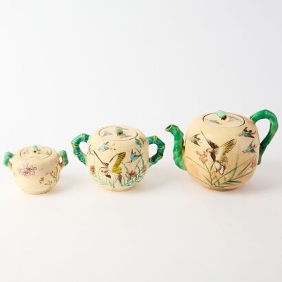 A Group of Three Japanese 20th Century Satsuma &lsquo;Birds and Flowers&rsquo; Tea Wares