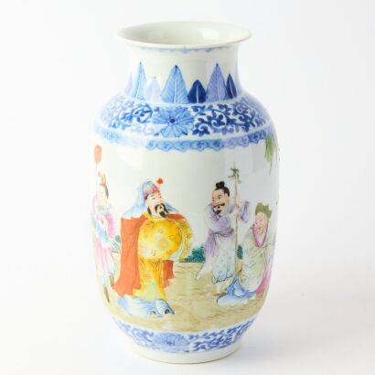 A Chinese Early 20th Century Blue and White Famille-rose &lsquo;Figural&rsquo; Vase (Qing Dynasty Qianlong year mark)