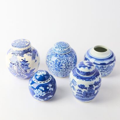 A Group of Five Chinese Small Blue and White Jars