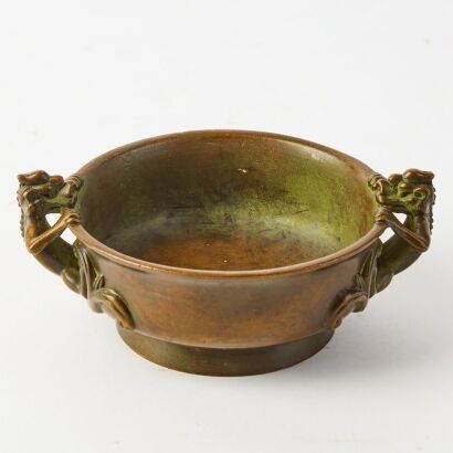 A Small Chinese Bronze &lsquo;Dragon&rsquo; Handled Incense Burner