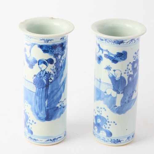 A Pair of Chinese Late Qing Dynasty Blue and White 'Figural' Cylinder Vases (Double Circle Mark)