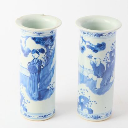 A Pair of Chinese Late Qing Dynasty Blue and White 'Figural' Cylinder Vases (Double Circle Mark)