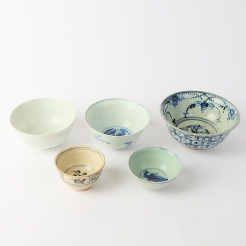 A Group of Five Chinese Ming Dynasty Blue and White Bowls
