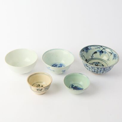 A Group of Five Chinese Ming Dynasty Blue and White Bowls