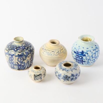 A Group of Five Chinese Ming Dynasty Blue and White Small Jars