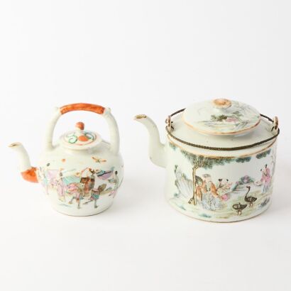 A Pair of Chinese Qing Dynasty Famille-rose 'Figural' Teapots