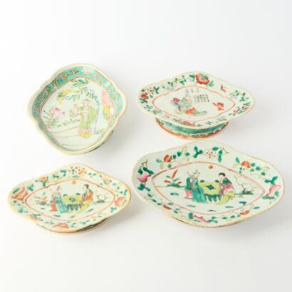 A Group of Four Chinese Late Qing Dynasty Famille-rose 'Figural' Lobed Dishes (Various Sizes)