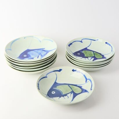 A Group of Twelve Chinese Blue and White 'Fish' Dishes