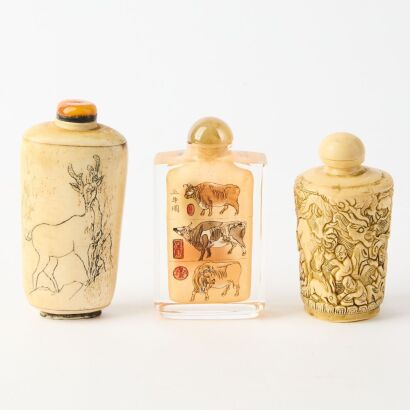 A Set of Two Chinese Resin Carved Snuff Bottles and A Small Glass Pendant