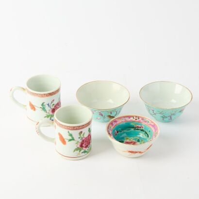 A Set of Five Chinese Qing Dynasty Famille-rose 'Bird and Flower' Cups