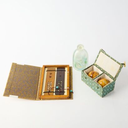 A Chinese Inner Painted &lsquo;Figural&rsquo; Glass Snuff Bottle and A Pair of Exercise Balls and A Box of Bookmark