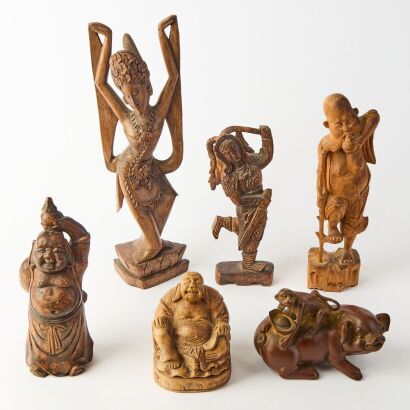 A Group of Six Chinese Aged Wood Carvings of Figures
