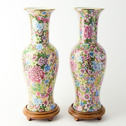 A Pair of 20th Century Chinese Famille-rose 'All Flowers Remain in Bloom' Vases