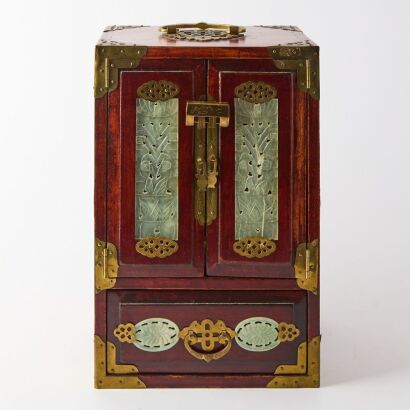 An Early 20th Century Chinese Hardwood and Jade-inlaid Double-door Jewelry Cabinet