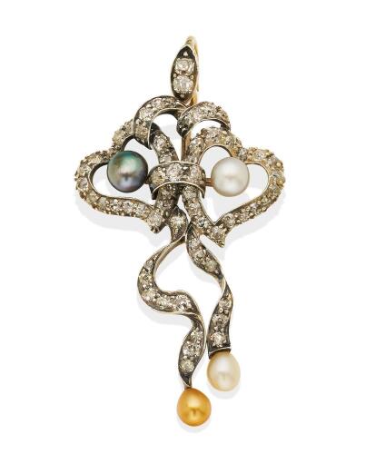 An antique pearl and diamond pendant, heart and ribbon motif, set throughout with old brilliant cut diamonds and four natural pearls. Yellow gold and silver. Width 25mm. Length 45mm.