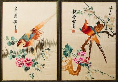 A Set of Two Chinese Early 20th Century Embroidered &lsquo;Birds and Flowers&rsquo; Panels