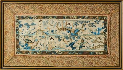 A Set of Two Chinese 19th Century Qing Dynasty Embroidered &lsquo;Flowers, Butterflies and Figures&rsquo; Panels