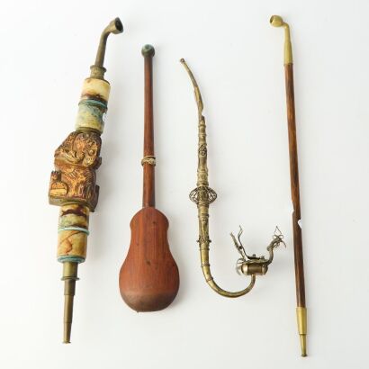 A Group of Three Chinese Tobacco Pipes and a Small Scale