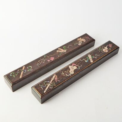 A Set of Two Chinese Rosewood Paper Weight Inlaid with Mother-of-Pearl Eight Auspicious Symbols