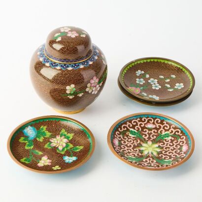 A Chinese 20th Century Cloisonn&eacute; Jar and Cover and A Group of Four Small Dishes