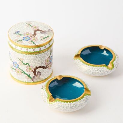 A Chinese 20th Century Cloisonn&eacute; Enamel Covered Jar and A Set ofTwo Small Ashtrays