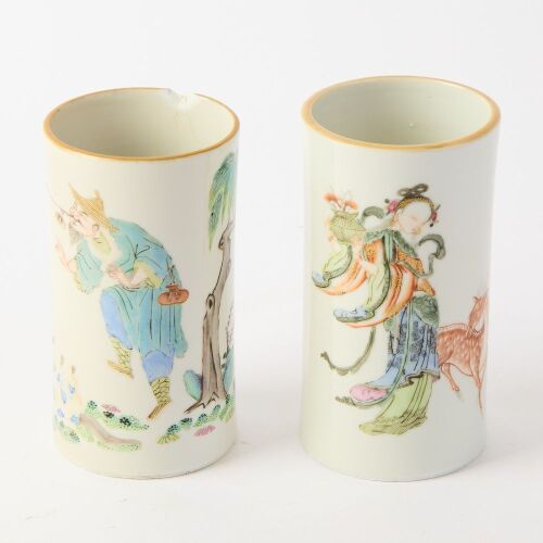A Set of Two Chinese 19th Century Qing Dynasty Famille Rose &lsquo;Figural&rsquo; Brushpots