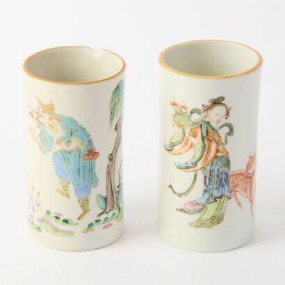 A Set of Two Chinese 19th Century Qing Dynasty Famille Rose &lsquo;Figural&rsquo; Brushpots