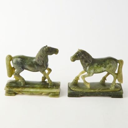 A Pair of Chinese 20th Century Spinach Jade Horses