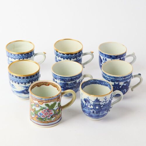 A Group of Eight Chinese 18th Century Qing Dynasty Blue and White Cups
