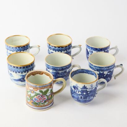 A Group of Eight Chinese 18th Century Qing Dynasty Blue and White Cups
