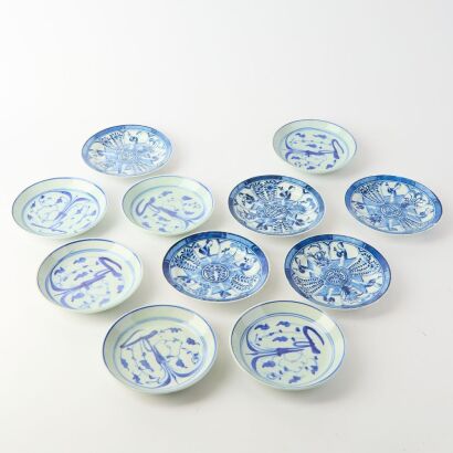 A Group of Eleven Chinese 19th Century Qing Dynasty Blue and White &lsquo;Figural and Floral&rsquo; Dishes
