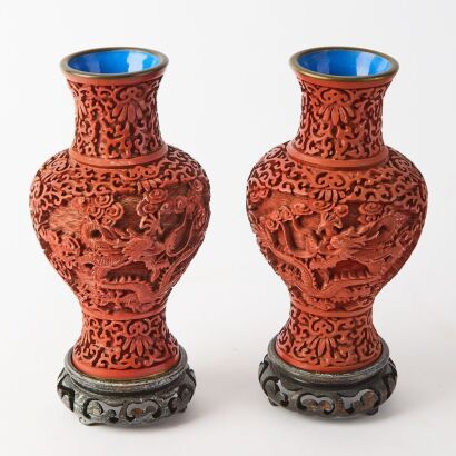 A Pair of Chinese 20th Century Cinnabar Lacquer &lsquo; Dragons&rsquo; Vases