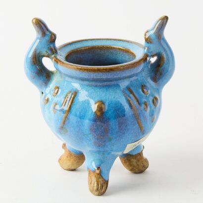 A Chinese Jun Ware Sky-blue Glazed Handled Tripod Censer