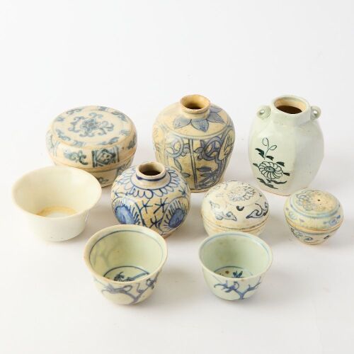 A Group of Nine Chinese Ming Dynasty Blue and White Small Jars and Cups