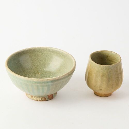 A Chinese Celadon Aged Tile and Small Jar