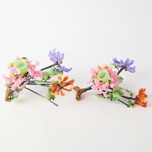 A Pair of Chinese Coloured Glass Floral Ornaments