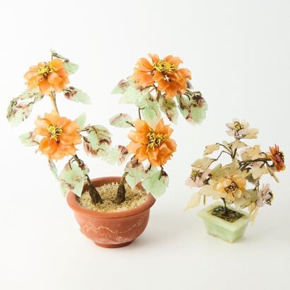 A Pair of Chinese Coloured Glass and Jade Floral Potted Arrangements