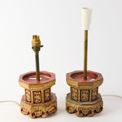 A Set of Two Old Chinese Red-lacquer and Gilt Table Lamps