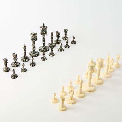 An Early 20th Century Boxed Set of Ivory International Chess Pieces