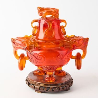 A Chinese Red Resin Carved Censer