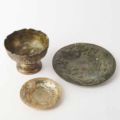 A Group of Three Early 20th Century Japanese &lsquo;Dragon&rsquo; Pewter Cups and Saucers