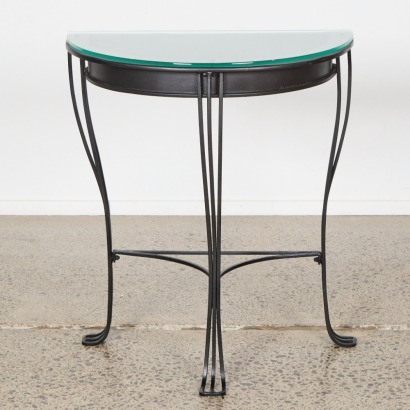 A Half Round Wrought Iron & Glass Hall Table