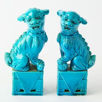A Pair of Chinese Peacock-blue Glazed Foo Lions