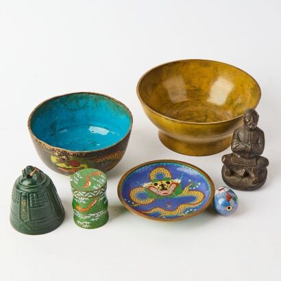 A Group of Seven Chinese Decorative Items: Four Small Cloisonn&eacute; Pieces (Including Bowl and Spoon), a Bronze Bowl, a Bronze Bell, and a Human Figure Ornament