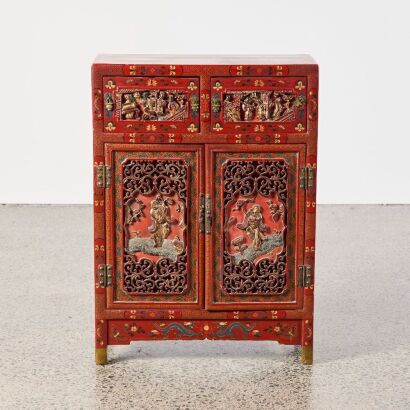 A Chinese 19th Century Red Lacquer ' Flowers and Figures' Double Door Cabinet