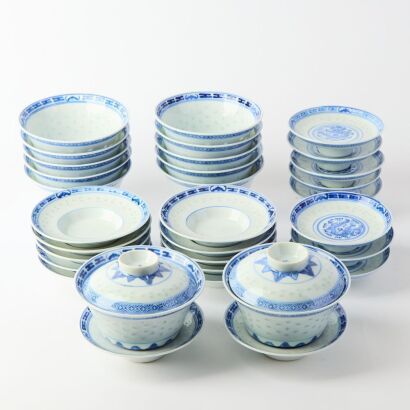 A Group of Chinese 20th Century Blue and White ' Bamboo' Tea Sets