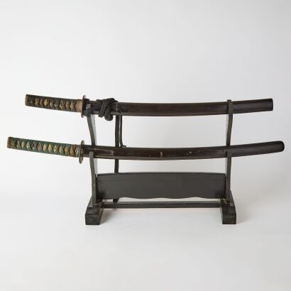 A Set of Two Old Japanese Samurai Swords (with Original Wooden Stand)