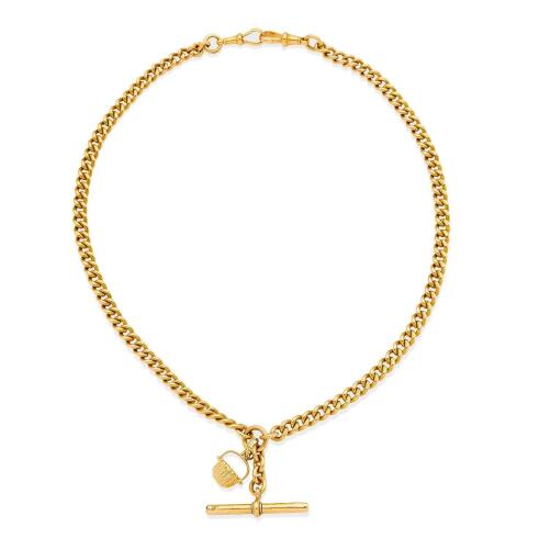 An antique gold watch chain, of curblink design, hung with a T-bar, a gold basket charm and 18ct yellow gold dog clips. 15ct yellow gold. Weight 56.92 grams. Length 44 cm.