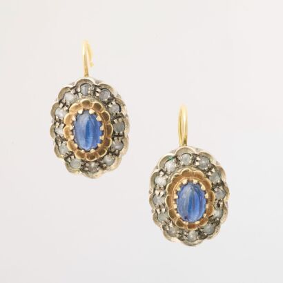18ct Yellow Gold / Silver, Vintage, 2.11ct Sapphire / .38ct Diamond Earrings